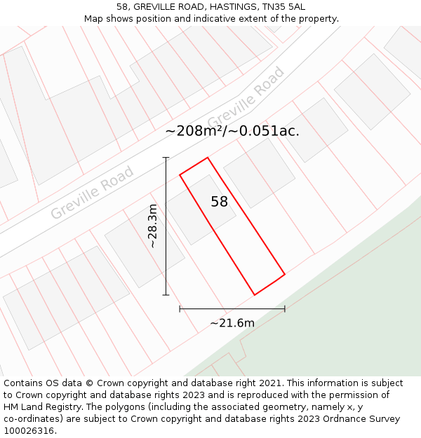 58, GREVILLE ROAD, HASTINGS, TN35 5AL: Plot and title map