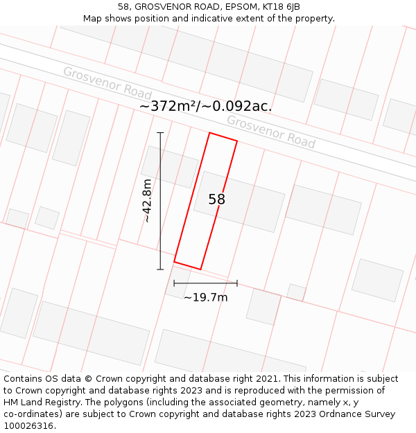 58, GROSVENOR ROAD, EPSOM, KT18 6JB: Plot and title map