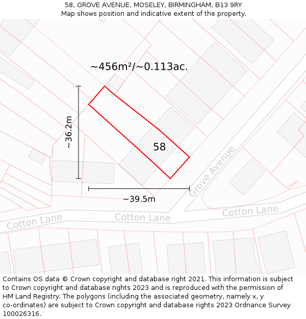 58, GROVE AVENUE, MOSELEY, BIRMINGHAM, B13 9RY: Plot and title map