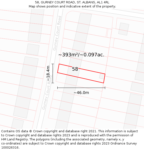 58, GURNEY COURT ROAD, ST. ALBANS, AL1 4RL: Plot and title map