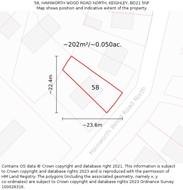 58, HAINWORTH WOOD ROAD NORTH, KEIGHLEY, BD21 5NF: Plot and title map