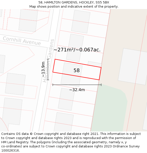 58, HAMILTON GARDENS, HOCKLEY, SS5 5BX: Plot and title map