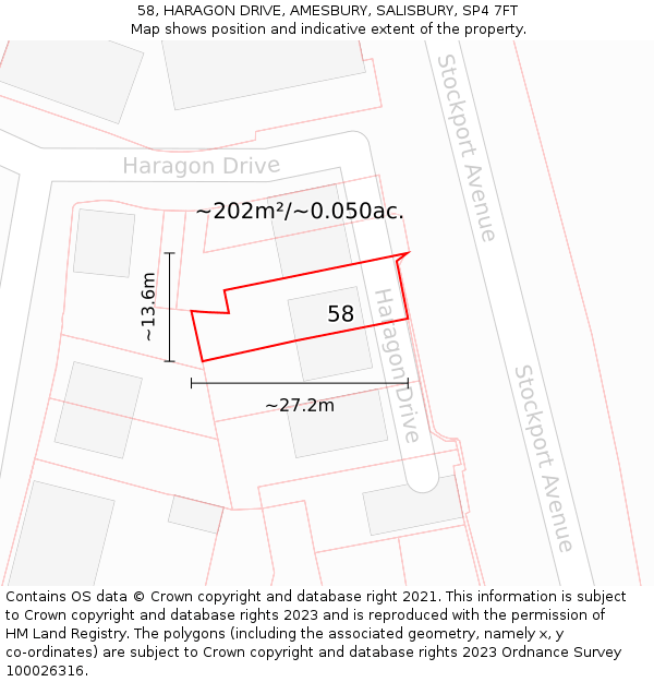 58, HARAGON DRIVE, AMESBURY, SALISBURY, SP4 7FT: Plot and title map