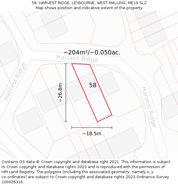 58, HARVEST RIDGE, LEYBOURNE, WEST MALLING, ME19 5LZ: Plot and title map