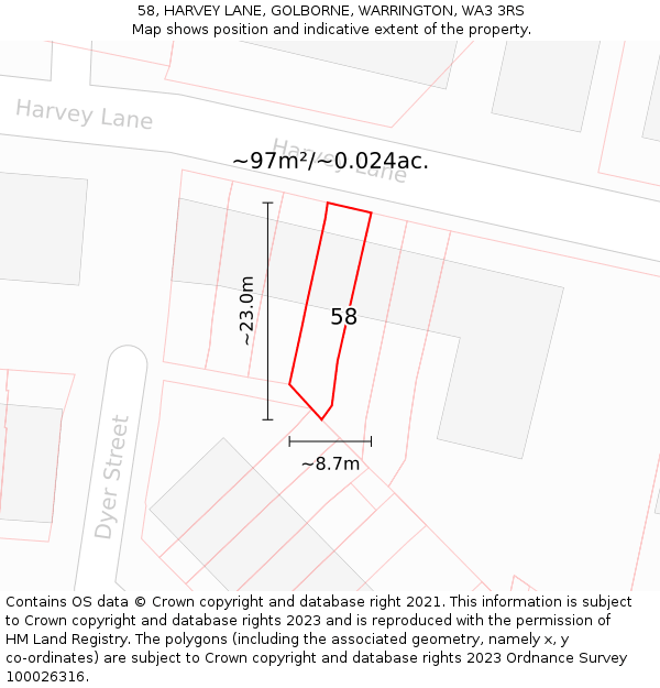 58, HARVEY LANE, GOLBORNE, WARRINGTON, WA3 3RS: Plot and title map