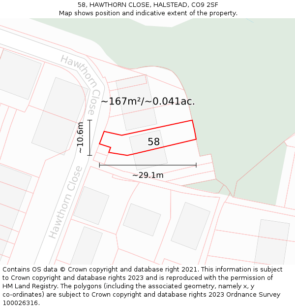 58, HAWTHORN CLOSE, HALSTEAD, CO9 2SF: Plot and title map