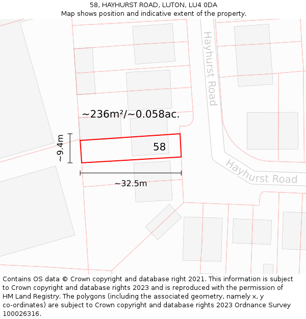 58, HAYHURST ROAD, LUTON, LU4 0DA: Plot and title map