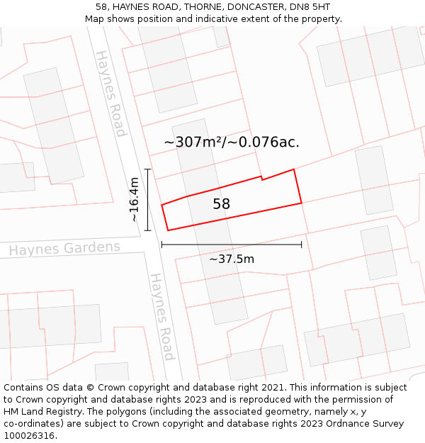 58, HAYNES ROAD, THORNE, DONCASTER, DN8 5HT: Plot and title map