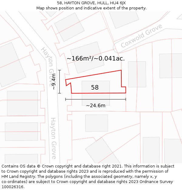 58, HAYTON GROVE, HULL, HU4 6JX: Plot and title map
