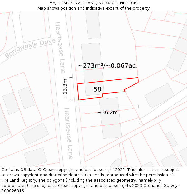 58, HEARTSEASE LANE, NORWICH, NR7 9NS: Plot and title map