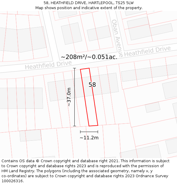 58, HEATHFIELD DRIVE, HARTLEPOOL, TS25 5LW: Plot and title map