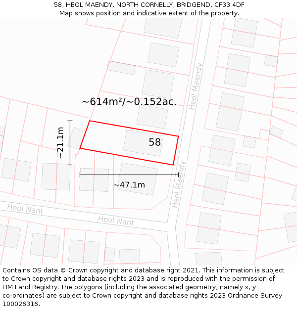58, HEOL MAENDY, NORTH CORNELLY, BRIDGEND, CF33 4DF: Plot and title map