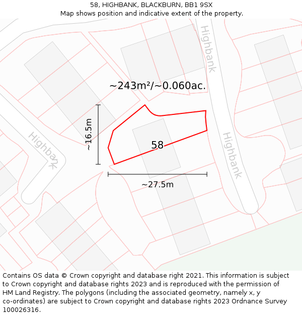 58, HIGHBANK, BLACKBURN, BB1 9SX: Plot and title map