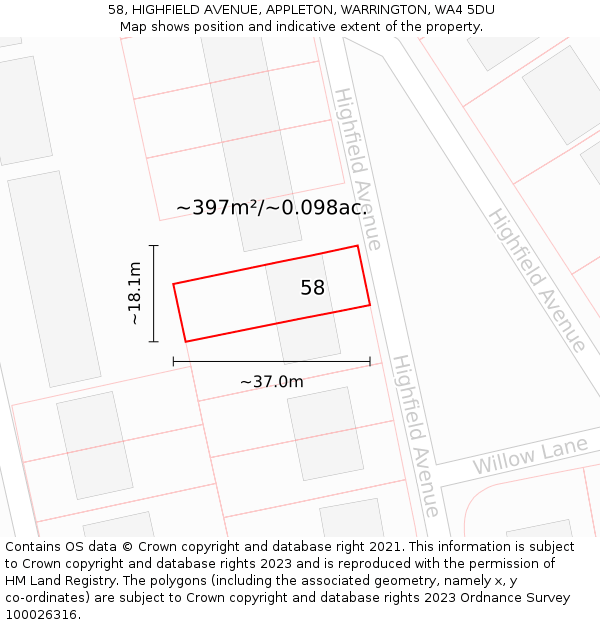 58, HIGHFIELD AVENUE, APPLETON, WARRINGTON, WA4 5DU: Plot and title map