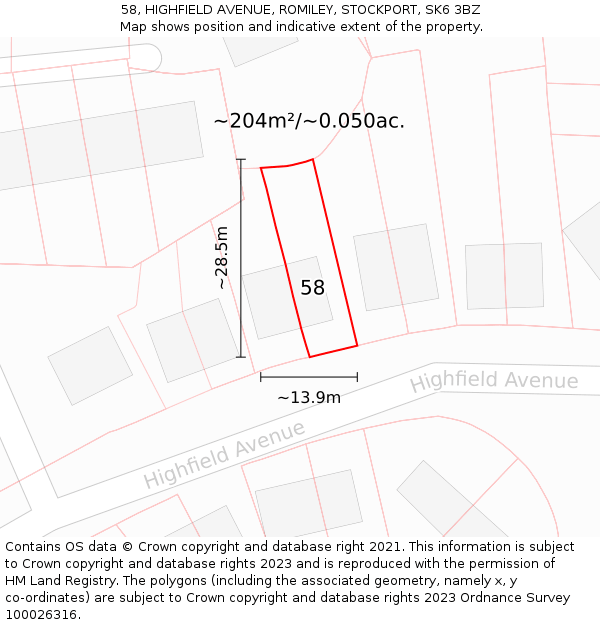 58, HIGHFIELD AVENUE, ROMILEY, STOCKPORT, SK6 3BZ: Plot and title map