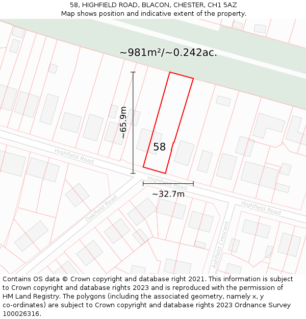 58, HIGHFIELD ROAD, BLACON, CHESTER, CH1 5AZ: Plot and title map