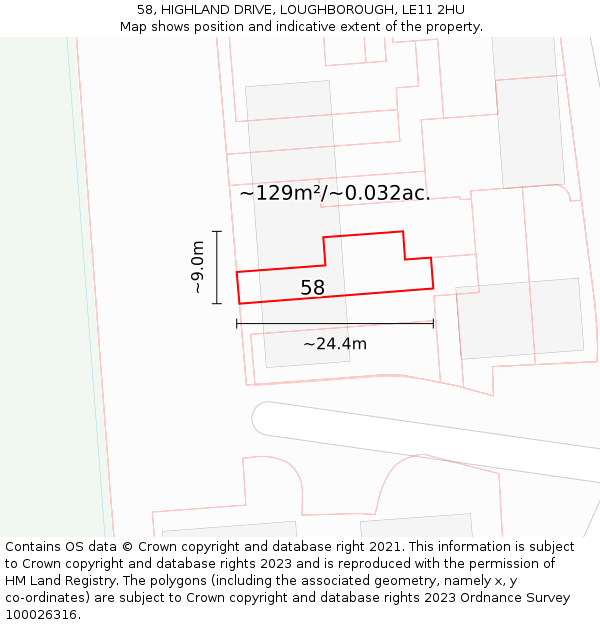 58, HIGHLAND DRIVE, LOUGHBOROUGH, LE11 2HU: Plot and title map