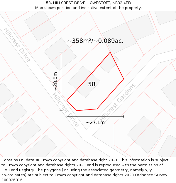 58, HILLCREST DRIVE, LOWESTOFT, NR32 4EB: Plot and title map