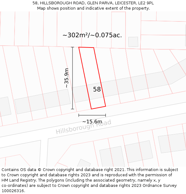 58, HILLSBOROUGH ROAD, GLEN PARVA, LEICESTER, LE2 9PL: Plot and title map