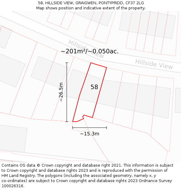 58, HILLSIDE VIEW, GRAIGWEN, PONTYPRIDD, CF37 2LG: Plot and title map