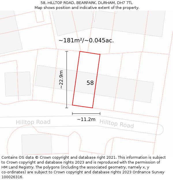 58, HILLTOP ROAD, BEARPARK, DURHAM, DH7 7TL: Plot and title map