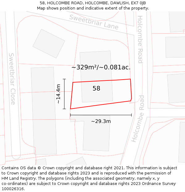 58, HOLCOMBE ROAD, HOLCOMBE, DAWLISH, EX7 0JB: Plot and title map