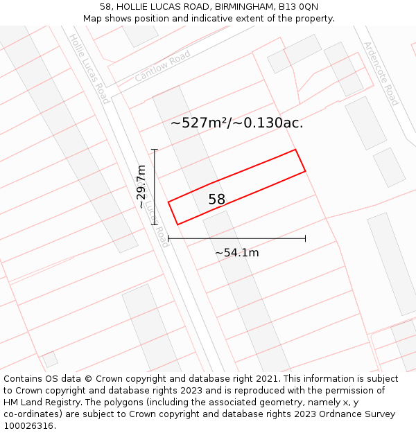 58, HOLLIE LUCAS ROAD, BIRMINGHAM, B13 0QN: Plot and title map