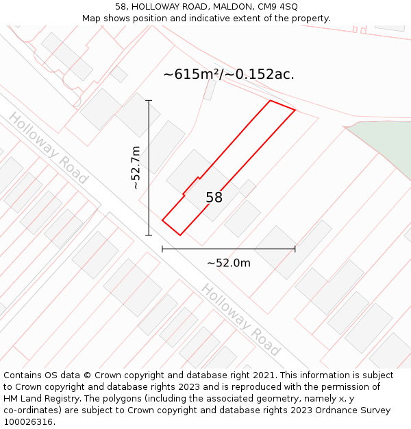 58, HOLLOWAY ROAD, MALDON, CM9 4SQ: Plot and title map