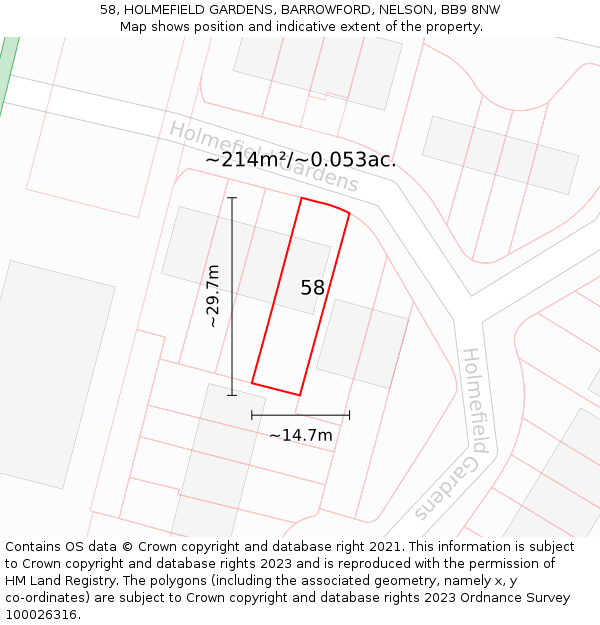 58, HOLMEFIELD GARDENS, BARROWFORD, NELSON, BB9 8NW: Plot and title map