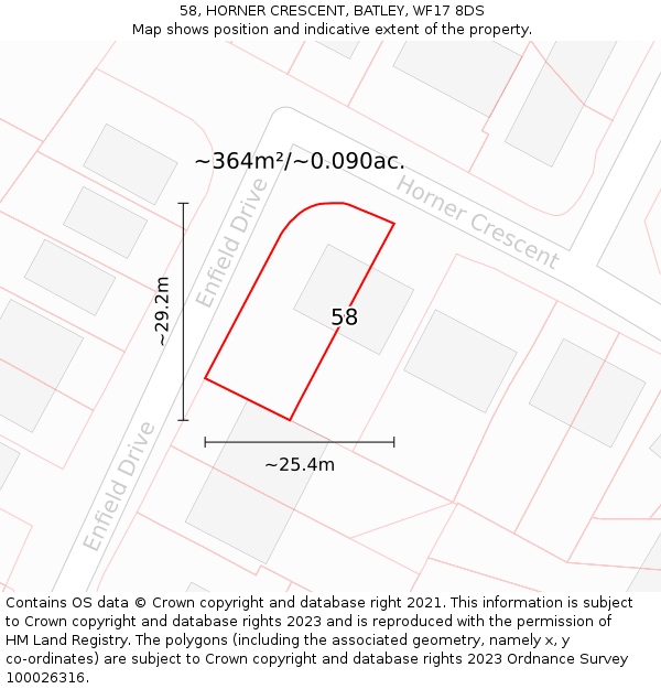 58, HORNER CRESCENT, BATLEY, WF17 8DS: Plot and title map