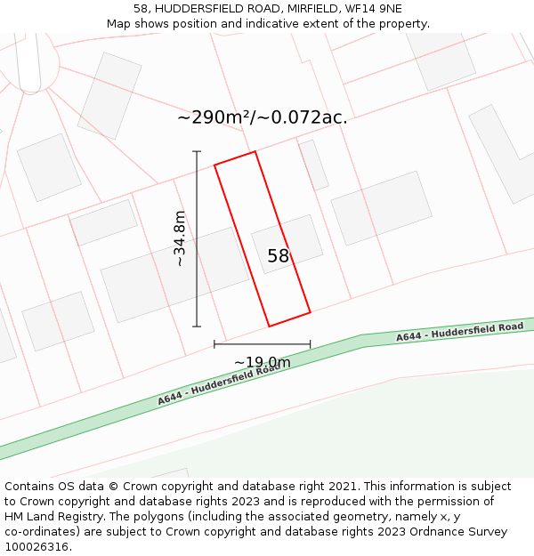 58, HUDDERSFIELD ROAD, MIRFIELD, WF14 9NE: Plot and title map
