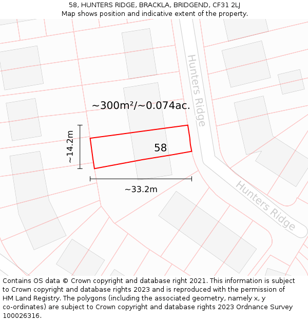58, HUNTERS RIDGE, BRACKLA, BRIDGEND, CF31 2LJ: Plot and title map