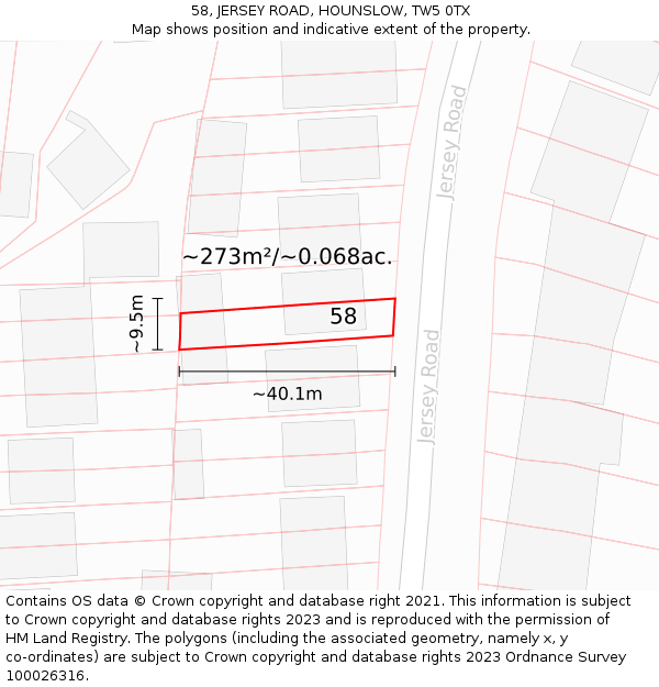 58, JERSEY ROAD, HOUNSLOW, TW5 0TX: Plot and title map