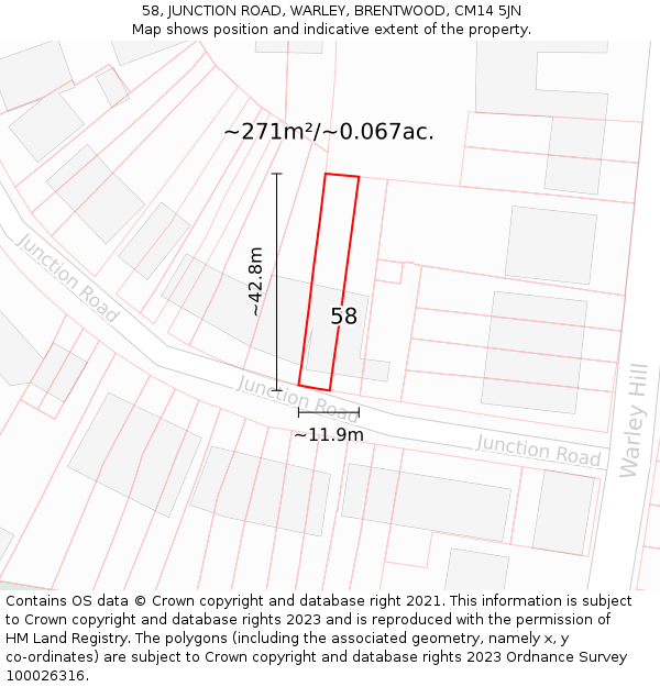 58, JUNCTION ROAD, WARLEY, BRENTWOOD, CM14 5JN: Plot and title map