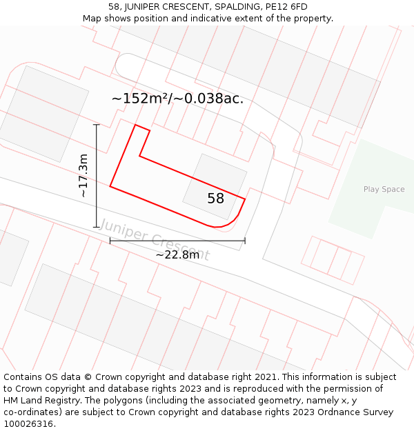 58, JUNIPER CRESCENT, SPALDING, PE12 6FD: Plot and title map
