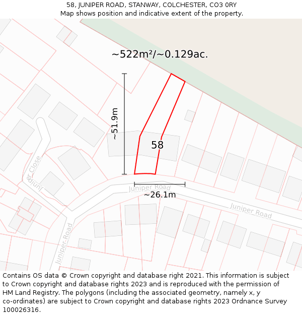 58, JUNIPER ROAD, STANWAY, COLCHESTER, CO3 0RY: Plot and title map