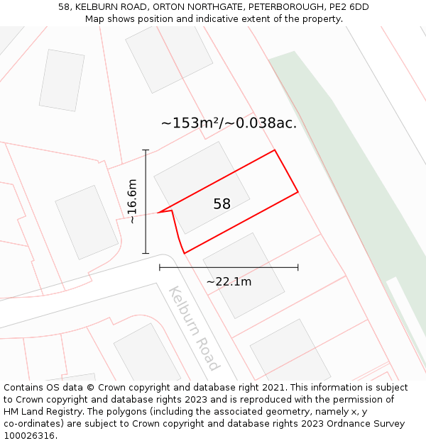 58, KELBURN ROAD, ORTON NORTHGATE, PETERBOROUGH, PE2 6DD: Plot and title map