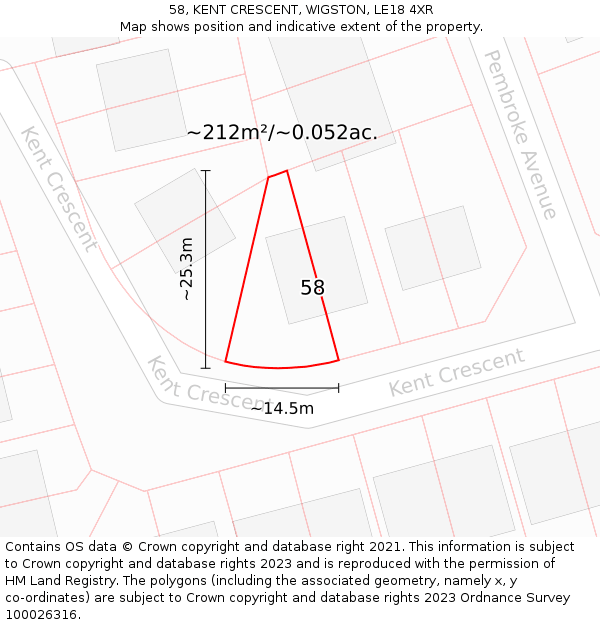 58, KENT CRESCENT, WIGSTON, LE18 4XR: Plot and title map