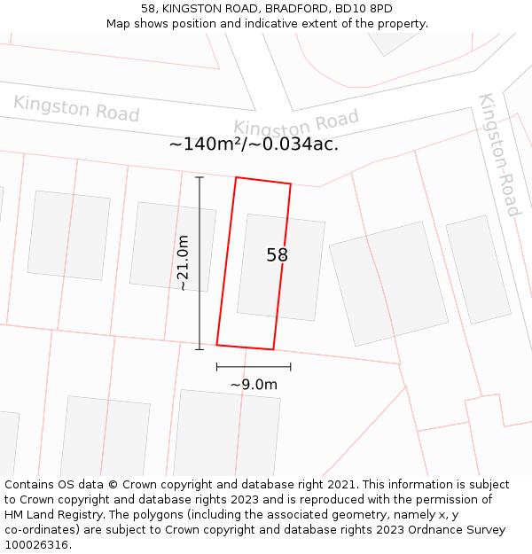 58, KINGSTON ROAD, BRADFORD, BD10 8PD: Plot and title map