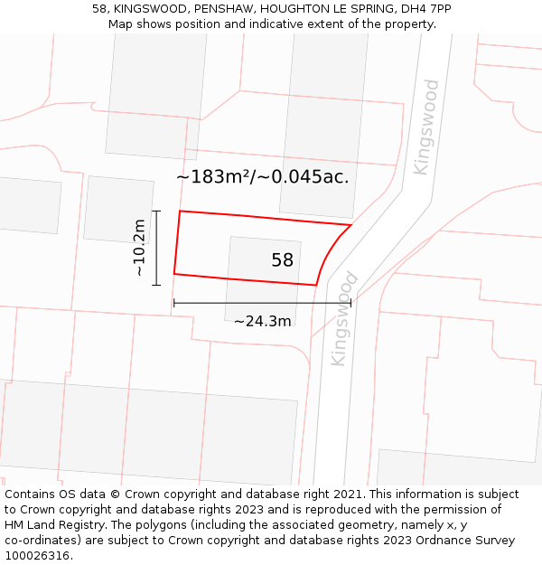 58, KINGSWOOD, PENSHAW, HOUGHTON LE SPRING, DH4 7PP: Plot and title map