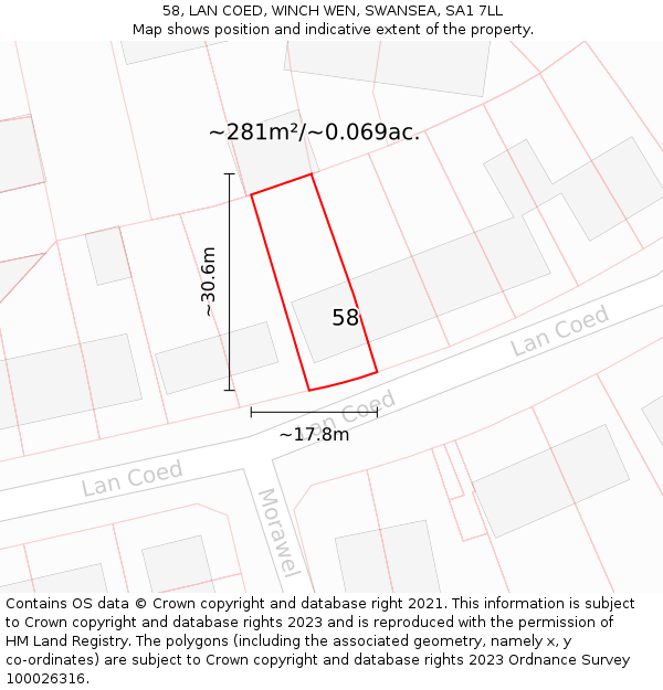 58, LAN COED, WINCH WEN, SWANSEA, SA1 7LL: Plot and title map