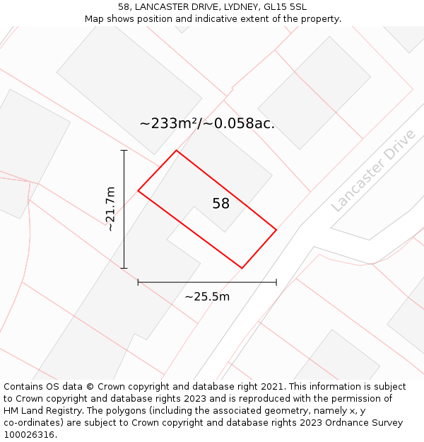 58, LANCASTER DRIVE, LYDNEY, GL15 5SL: Plot and title map