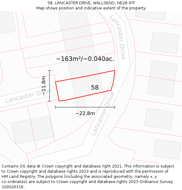 58, LANCASTER DRIVE, WALLSEND, NE28 9TF: Plot and title map