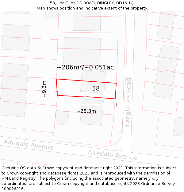 58, LANGLANDS ROAD, BINGLEY, BD16 1QJ: Plot and title map