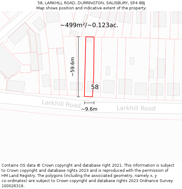 58, LARKHILL ROAD, DURRINGTON, SALISBURY, SP4 8BJ: Plot and title map