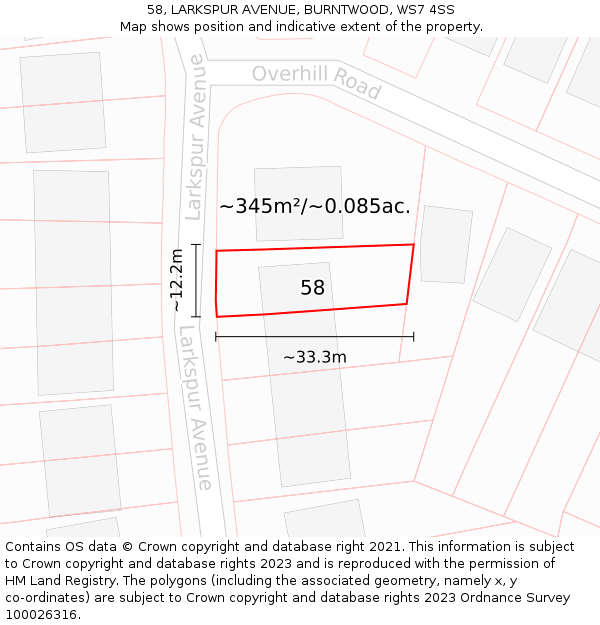 58, LARKSPUR AVENUE, BURNTWOOD, WS7 4SS: Plot and title map