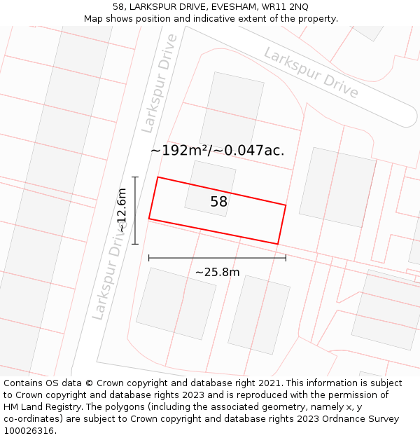 58, LARKSPUR DRIVE, EVESHAM, WR11 2NQ: Plot and title map