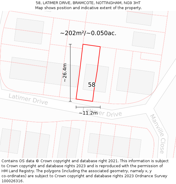 58, LATIMER DRIVE, BRAMCOTE, NOTTINGHAM, NG9 3HT: Plot and title map