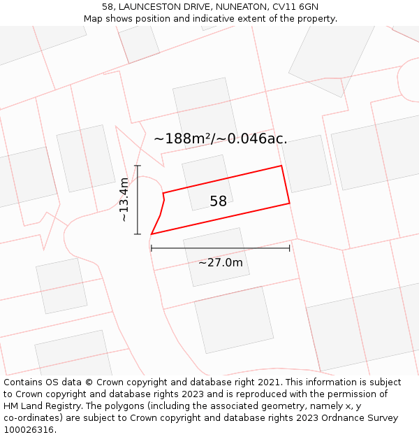 58, LAUNCESTON DRIVE, NUNEATON, CV11 6GN: Plot and title map