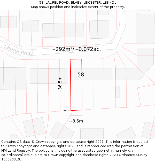 58, LAUREL ROAD, BLABY, LEICESTER, LE8 4DL: Plot and title map